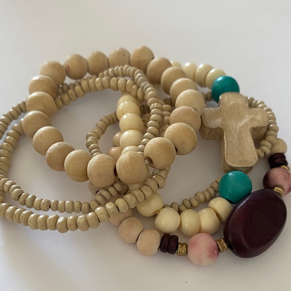 Wood boho Beaded Bracelet Set with Cross Charm